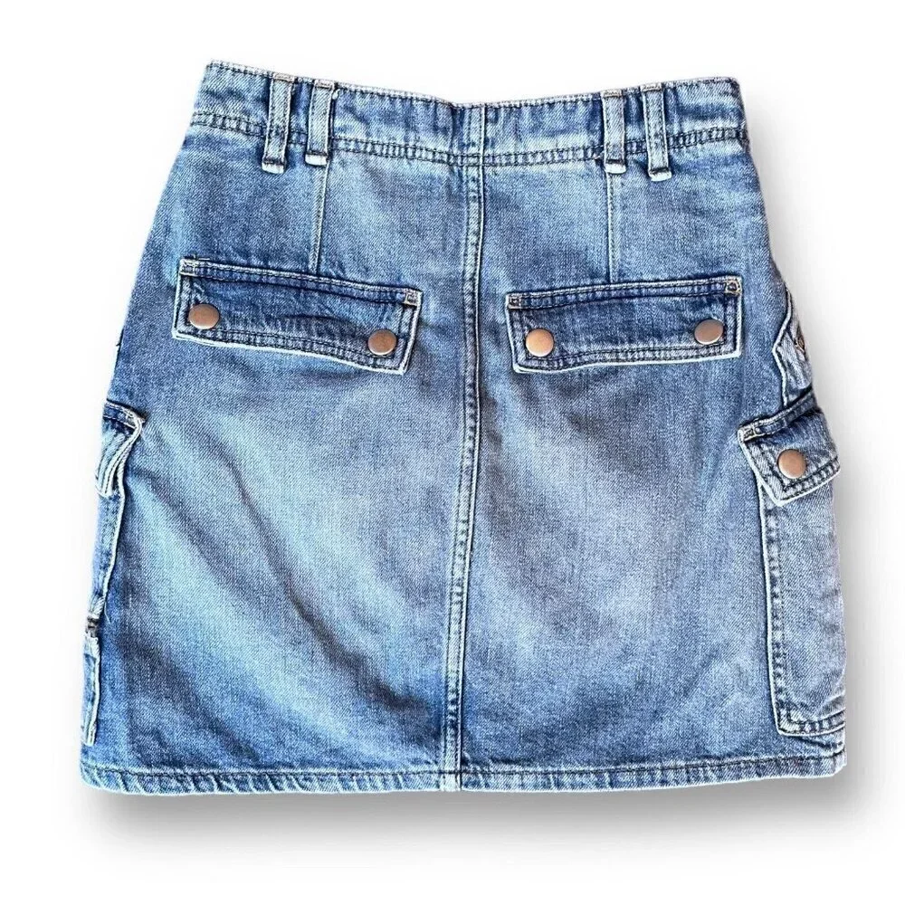 Free People Womens Avenue Mini Skirt Sz 25 Blue Denim Cargo Pockets Icon Wash